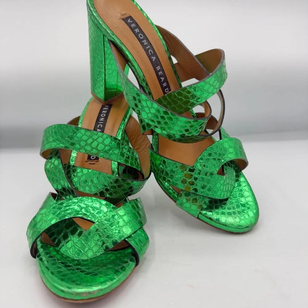 Veronica Beard Macey Green Snake Print Mules - Picture 1 of 12